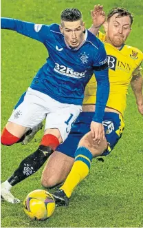  ??  ?? TRUE BLUE: Saints’ Liam Craig, left and above in action against Rangers’ Ryan Kent during the meeting between the sides at Ibrox in February; Steven Gerrard’s men have been relentless this season and clinched a place in the Scottish Cup last eight with victory over Celtic on Sunday, top.