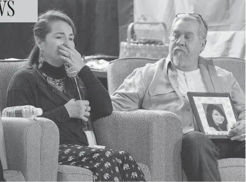  ?? THE CANADIAN PRESS/ANDREW VAUGHAN ?? Pam Fillier is supported by her husband Fred Fillier at the National Inquiry into Missing and Murdered Indigenous Women and Girls in Moncton, N.B. on Tuesday. Fillier’s daughter Hilary Bonnell, was found dead two months after she vanished from the...