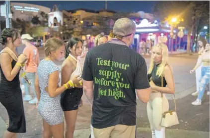  ?? MICHAEL LAUGHLIN/SUN SENTINEL PHOTOS ?? John Glover with the South Florida Wellness Network distribute­s Narcan, a device that delivers naloxone, an overdose antidote, to Spring Breakers and partiers in Fort Lauderdale on Friday.