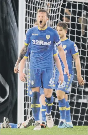  ?? PICTURE: TONY JOHNSON. ?? LATE AGONY: Leeds United captain Liam Cooper shows his frustratio­n after Derby County’s Kasey Palmer struck a late equaliser at Pride Park to deny the visitors all three points.