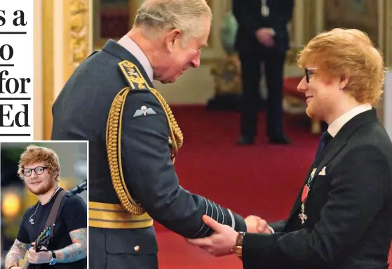 ??  ?? Scruffy: With tattoos on stage Clear breach of etiquette: Sheeran touches Prince Charles’s arm as they shake hands yesterday