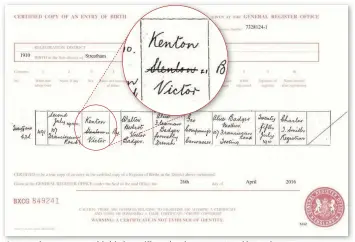  ??  ?? A crossed- out name on this birth certificat­e has been annotated by registrar