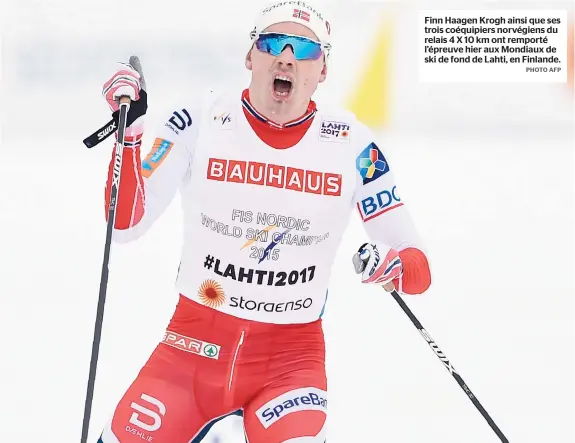  ??  ?? Finn Haagen Krogh ainsi que ses trois coéquipier­s norvégiens du relais 4 X 10 km ont remporté l’épreuve hier aux Mondiaux de ski de fond de Lahti, en Finlande.