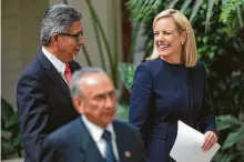  ?? Oliver de Ros / Associated Press ?? U.S. Homeland Security Secretary Kirstjen Nielsen discusses immigratio­n issues Tuesday in Guatemala.