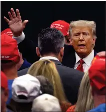  ?? SCOTT OLSON — GETTY IMAGES ?? Former President Donald Trump greets supporters at a Team Trump volunteer leadership training event held at the Grimes Community Complex on June 1, 2023, in Grimes, Iowa.
