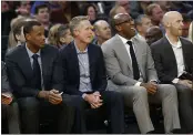  ?? JANE TYSKA — BAY AREA NEWS GROUP, FILE ?? Warriors head coach Steve Kerr, center, and assistant coaches Jarron Collins, left, and Mike Brown, right, watch from the bench in the first quarter against the Thunder at the Chase Center in San Francisco in November 2019.