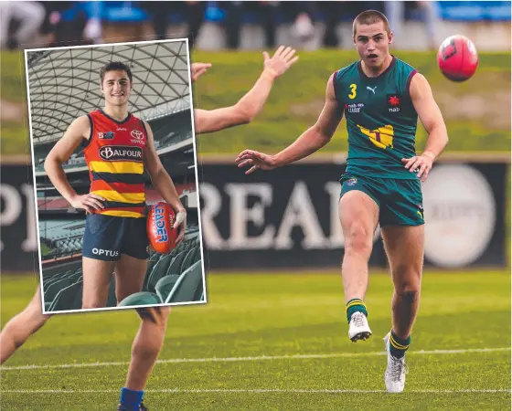  ?? ?? Oliver Davis in action for the Tasmania Devils and (inset) in his Adelaide Crows SANFL colours. Main picture. Picture: Anthony Corke