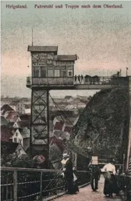  ??  ?? This is a post card from the early 1900s showing the lift DM 12 #185 powered for 25 years on the island of Heligoland. At that time, the island was a vacation spot. By the time World War II came along, the Nazis had turned it into a fortress with a U-boat base and the island was heavily bombed, including the lift, but not put out of action. In 1947, British forces filled every tunnel and bunker with explosives and blew it up, creating the largest man-made non-nuclear explosion in history. The island’s topography was forever altered but somehow parts of the elevator still remained standing. courtesy Coolspring Power Museum