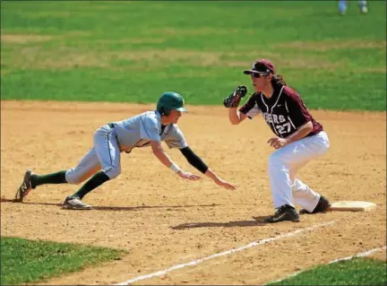  ?? PHOTOS BY TANIA BARRICKLO — DAILY FREEMAN ?? Roosevelt’s Brian Scheiner gets back to first base as Kingston’s Jeffrey Hayner awaits throw during Tigers’ victory over Presidents in a game on Tuesday in Lake Katrine, N.Y.