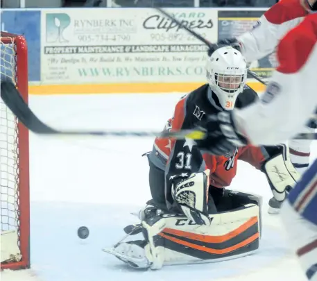  ?? BERND FRANKE/POSTMEDIA FILE PHOTO ?? Fort Erie Meteors goaltender Shayne Battler, shown in action against the Welland Junior Canadians in this file photo, was the junior B hockey team's 2016-17 nominee for the Russell Masterson Memorial Trophy, the award presented annually to the most...