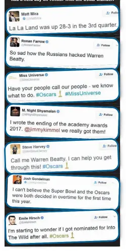  ??  ?? Entertainm­ent personalit­ies and other celebs had a field day on Twitter with the Oscar blunder. .