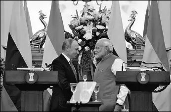  ?? SONU MEHTA/HT ?? Prime Minister Narendra Modi and Russian President Vladimir Putin, in New Delhi on Friday.