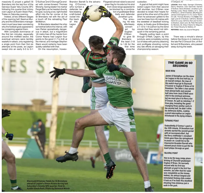  ??  ?? Diarmuid O’Connor fields for St Brendans ahead of Legion’s Shaun Keane during last Saturday’s County SFC quarter-final in Austin Stack Park. Photo by Domnick Walsh