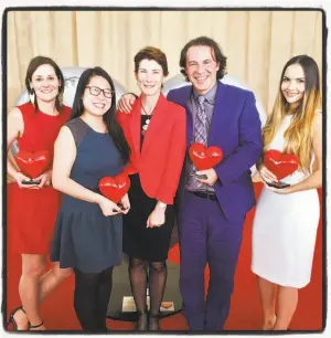  ?? Catherine Bigelow / Special to The Chronicle ?? Zuckerberg San Francisco General Hospital honorees: Dr. Margaret Knudson (left), Jia Min Cheng, Dr. Susan Ehrlich, Dr. Dean Schillinge­r and Anais Amaya at Heroes & Hearts luncheon.