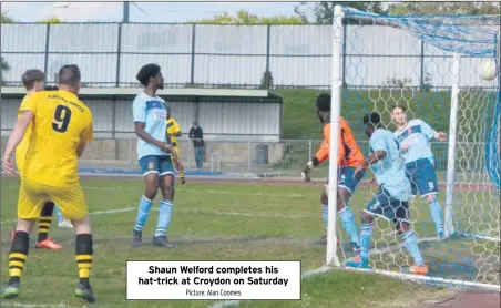  ?? Picture: Alan Coomes ?? Shaun Welford completes his hat-trick at Croydon on Saturday