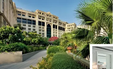  ?? ?? Clockwise from left: The neoclassic­al facade of the property; one can opt for a view of the Dubai Creek or the city from the Grand Suite; Giardino serves as an ideal breakfast venue.