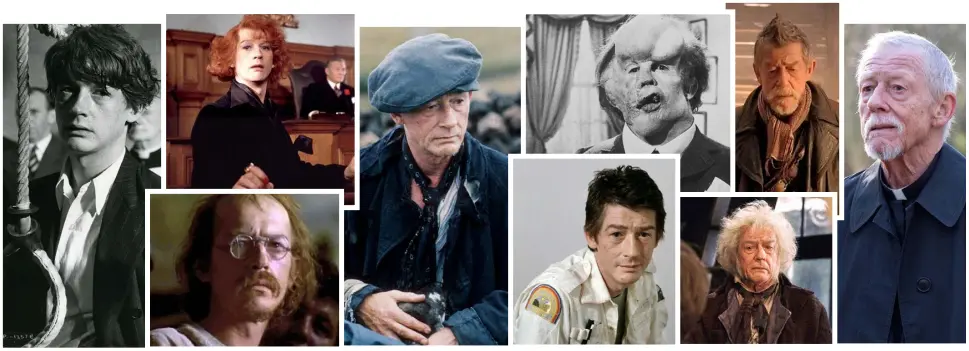  ??  ?? HE HAD THE MOST EXPRESSIVE EYES: The late John Hurt, from left, as Timothy Evans in ‘10 Rillington Place’, as Max in ‘Midnight Express’, as Quentin Crisp in ‘The Naked Civil Servant’, as Bird O’Donnell in ‘The Field’, as Kane in ‘Alien’, as John...