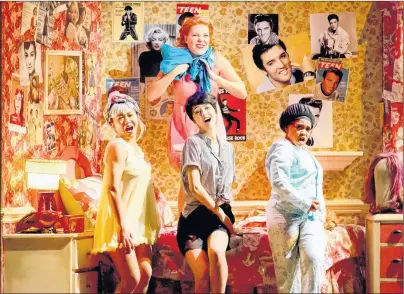  ?? SUBMITTED PHOTO ?? Marty, top, played by Prince Edward Islander, Jessica Gallant, appears in the Freddy My Love Scene from “Grease the Musical”. The show is playing at the Winter Garden Theatre in Toronto until Jan. 7. From bottom left are Frenchy (Annie Chen), Rizzo...