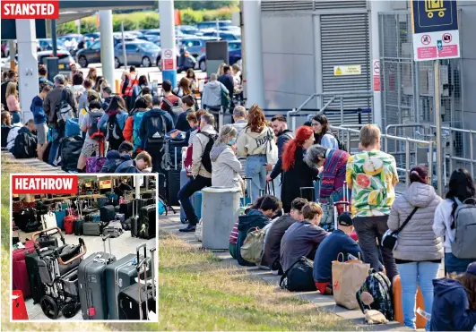  ?? ?? MAYHEM: Passengers queue at Stansted yesterday after a rail strike caused disruption. Meanwhile, a mountain of luggage piled up at Heathrow, inset STANSTED