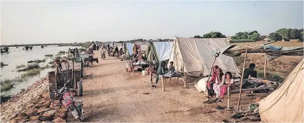  ?? ?? A VIEW of flood-affected people taking shelter in tents at the flood protective bund in the village of Johi, District Dadu in Sindh province.