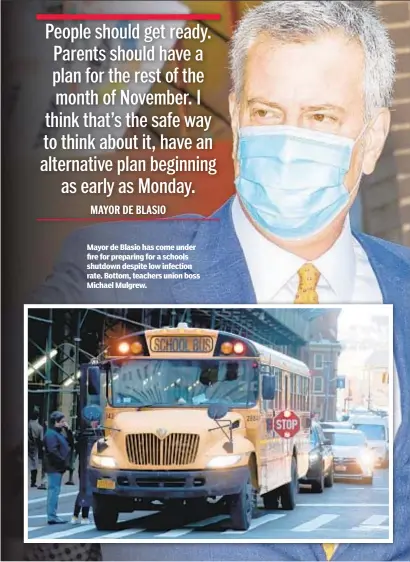  ??  ?? Mayor de Blasio has come under fire for preparing for a schools shutdown despite low infection rate. Bottom, teachers union boss Michael Mulgrew.