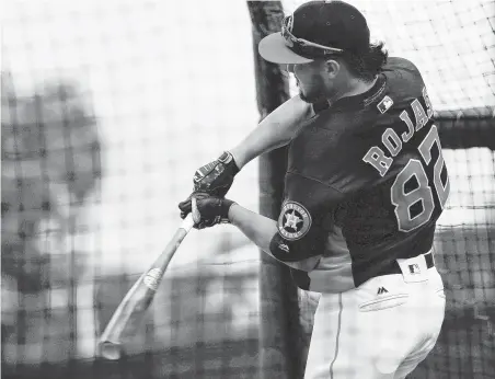  ?? Photos by Yi-Chin Lee / Staff photograph­er ?? Infielder Josh Rojas, who hopes his ability to play several positions will eventually land him a spot on the Astros’ roster, takes his cuts during batting practice Monday at West Palm Beach, Fla.