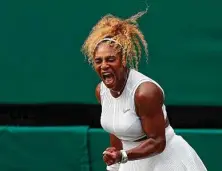  ?? Adrian Dennis / AFP/Getty Images ?? Serena Williams finishes off Alison Riske in a three-set thriller Tuesday to move two victories away, at age 37, from her eighth Wimbledon title.