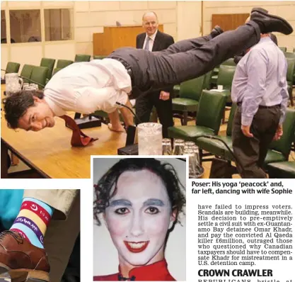  ??  ?? Face slap: Tweeted pic of PM Poser: His yoga ‘peacock’ and, far left, dancing with wife Sophie