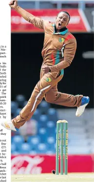  ?? Picture: RICHARD HUGGARD/GALLO IMAGES ?? HIGH AND MIGHTY: Bamanye Xenxe of Border pumps the air after he took Mangaliso Mosehle’s scalp during the Africa T20 Cup final match against Gauteng at Buffalo Park.