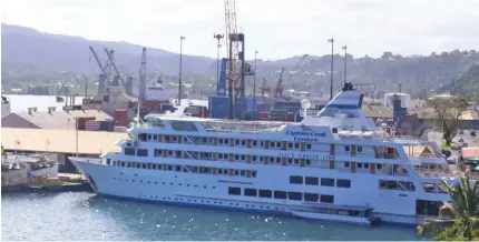  ?? Captain Cook Cruises Photo: Leon Lord ?? Fiji’s cruise liner berthed alongside the King’s Wharf in Suva on June 2021.