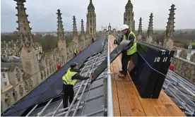  ?? Photograph: Justin Tallis/AFP/ ?? Solar panels being installed at King's College chapel in Cambridge. The oil industry lobbied lawmakers to block support for low-carbon technologi­es.
Getty