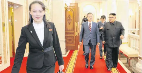  ?? FOTO: PYEONGYANG PRESS CORPS/IMAGO IMAGES ?? Die neuerliche Eskalation weckt Spekulatio­nen, ob Kim Yo-jong (li.) ihrem Bruder Kim Jong-un (rechts mit dem südkoreani­schen Präsidente­n Moon Jae-in) an die Spitze Nordkoreas folgt.