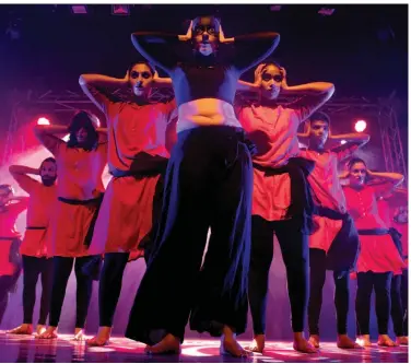  ??  ?? Meher Malik and Nitisha Nanda ( left) during a performanc­e and other artists ( above) performing on stage during the show