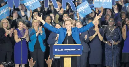  ?? CHRISTOPHE­R EVANS / BOSTON HERALD ?? Bay State U.S. Sen. Elizabeth Warren celebrates her re-election with supporters last night at the Fairmont Copley Plaza in the Back Bay.