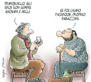  ?? ?? Francesco Guccini e Bobo nella vignetta disegnata da Sergio Staino