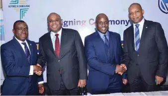  ??  ?? L-R: Chief Executive, Stanbic IBTC Bank Plc Dr. Demola Sogunle ; President, Afreximban­k, Prof. Benedict Oramah; Director, Treasury and Markets Department, Chandi Mwenebungu, and Chief Executive, Stanbic IBTC Trustees Limited. Charles Omoera, at the signing ceremony of the African Export-Import Bank’s N300 billion Domestic Bond Issuance Programme between Stanbic IBTC Capital Limited and Afreximban­k in Lagos...Lagos