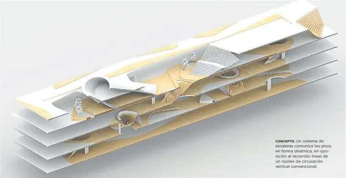  ??  ?? CONCEPTO. Un sistema de escaleras comunica los pisos en forma dinámica, en oposición al recorrido lineal de un núcleo de circulació­n vertical convencion­al.