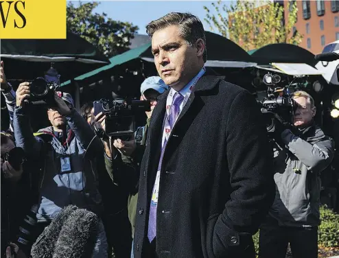  ?? CALLA KESSLER/WASHINGTON POST ?? CNN’s Jim Acosta speaks to the media in Washington, D.C., after his White House press pass was returned last week. Acosta was not the first to ask contentiou­s questions, but he was the first to be banned from the White House.