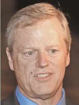  ?? STAFF PHOTOS, ABOVE, BY PATRICK WHITTEMORE; BELOW, BY MATT STONE ?? WARNING SIGNS: Gov. Charlie Baker, above, has plenty of reasons to worry about his chances for re-election in 2018 — notably, U.S. Sen. Elizabeth Warren, below, energizing her liberal base.