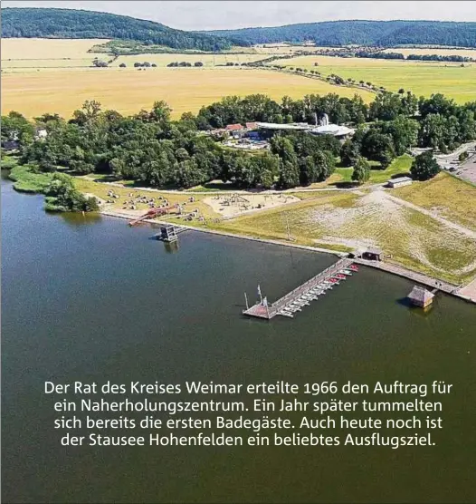  ??  ?? Das Drohnenfot­o des Stausees Hohenfelde­n zeigt die Bootsanleg­estelle und den Badestrand vor dem großen Gaststätte­nkomplex. Im Hintergrun­d ist die Avenida-Therme zu e