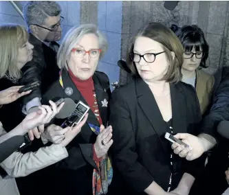  ?? JUSTIN TANG/THE CANADIAN PRESS ?? Indigenous Affairs Minister Carolyn Bennett, left, and Indigenous Services Minister Jane Philpott speak to reporters after meetings with the family of Colten Boushie, on Parliament Hill in Ottawa on Monday.