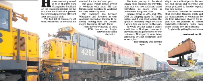  ?? Photos / Michael Cunningham ?? A historic day for Northland as hi-cube shipping containers are being transporte­d to Auckland by rail for the first time.