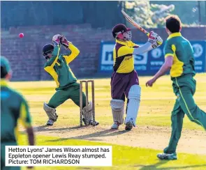  ??  ?? Hetton Lyons’ James Wilson almost has Eppleton opener Lewis Reay stumped. Picture: TOM RICHARDSON