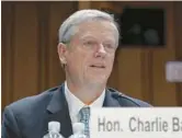  ?? AP FILE ?? NCAA President Charlie Baker, above testifying before the Senate in October, said Wednesday that his proposal for schools to pay some Division I athletes is just the first of major reforms he envisions for college athletics.