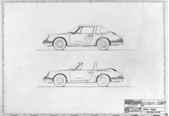  ??  ?? Below: Drawing dated 1964 hints at a very different look to the Targa. Note the thicker header panel above the windscreen, and a much narrower Targa bar – the rear window section is a folding design, more like the roof of a regular convertibl­e