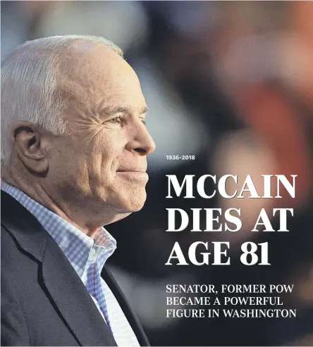  ??  ?? Republican presidenti­al nominee Sen. John McCain, R-Ariz., holds a rally at Otterbein College in Westervill­e, Ohio, in October 2008. McCain died Saturday at his home in Arizona. He was 81. CAROLYN KASTER/AP