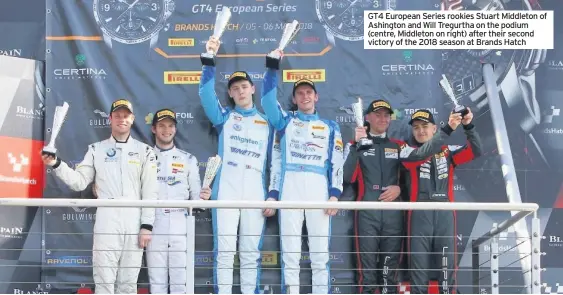  ??  ?? GT4 European Series rookies Stuart Middleton of Ashington and Will Tregurtha on the podium (centre, Middleton on right) after their second victory of the 2018 season at Brands Hatch