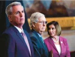  ?? ANDREW HARNIK/AP ?? The leaders of Congress — House Minority Leader Kevin Mccarthy, left, Senate Minority Leader Mitch Mcconnell and House Speaker Nancy Pelosi — face challenges.