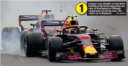  ?? SKY SPORTS ?? Bu Bumper cars: disaster on lap 40 for Re Red Bull as Ricciardo slams into the ba back of Verstappen at 220mph, ta taking both out of the race. The sa safety car is deployed