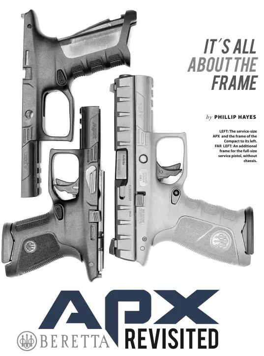  ??  ?? LEFT: The service-size APX and the frame of the Compact to its left. FAR LEFT: An additional frame for the full-size service pistol, without chassis.